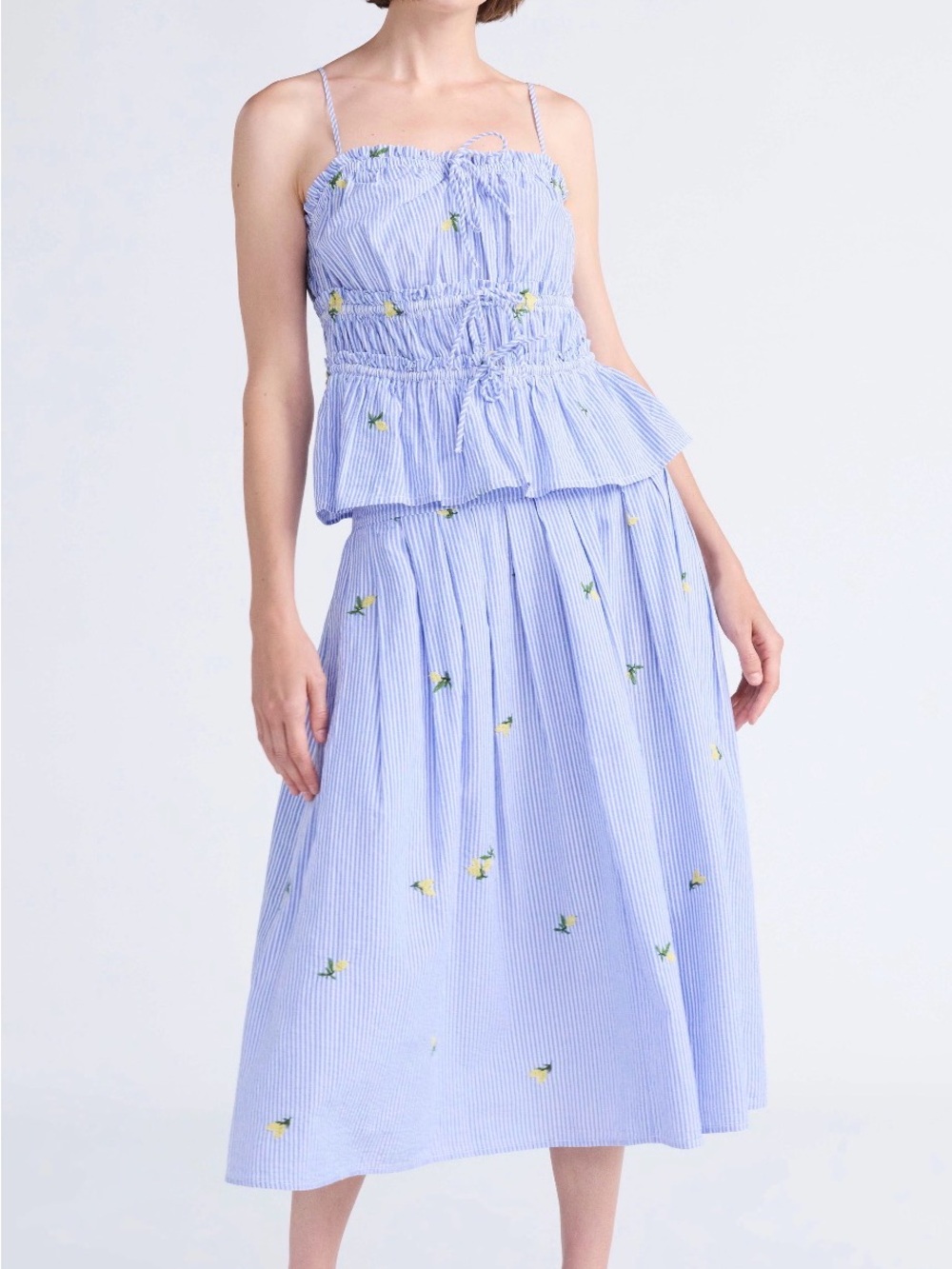 Light Blue Striped Midi Skirt with Lemon Embroidery - Women